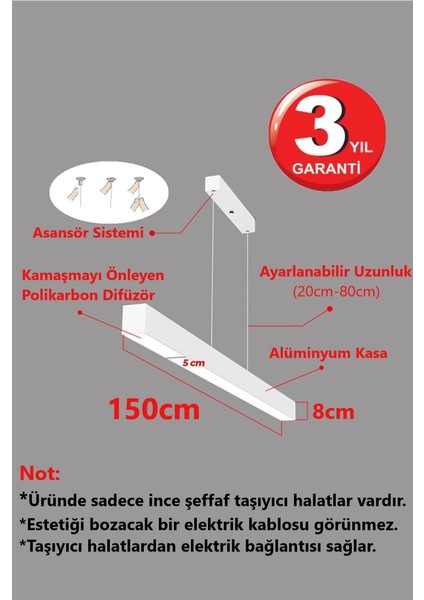 Lineer Sıcak Beyaz Işık 4000K 150CM Beyaz Kasa Ledli Sarkıt Modern Led, Salon, Mutfak, Masa Üstü Avize modelleri