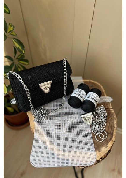 Kanvas Çanta Siyah No.3 Simli 45X21CM Kanvas - Polyester Makrome No.3 Plastik Kanvas Çanta Seti
