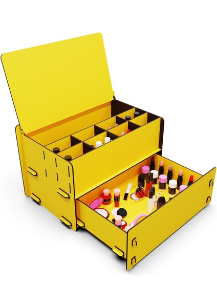 10 Gözlü Ahşap Takı ve Makyaj Düzenleyici, Çekmeceli Masası Organizeri