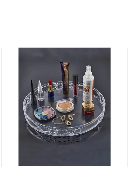 Şık Yuvarlak Kristal Tepsi, Gri Renkli, Zarif ve Şık Dekoratif Aksesuar