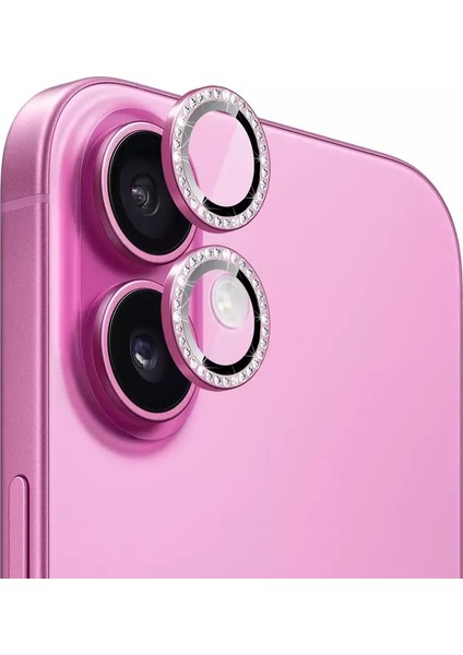 Iphone 16 ve 16 Plus Pembe (Pink) Uyumlu Taşlı Kamera Lens Koruyucu Cam