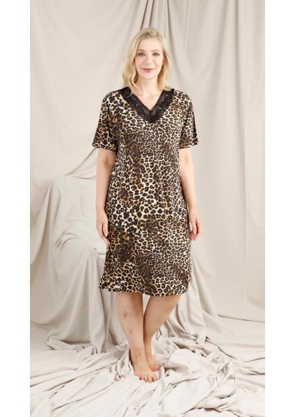 SEVİM 12989 BAYAN BÜYÜK BEDEN KISA KOL LEOPAR TUNİK