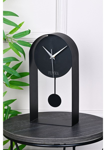 Sarkaçlı Metal Masa Saati, Siyah, Sessiz, Modern Tasarım, 32X16CM