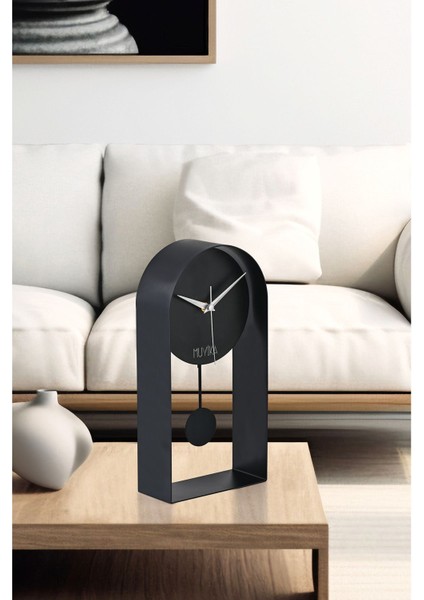 Sarkaçlı Metal Masa Saati, Siyah, Sessiz, Modern Tasarım, 32X16CM