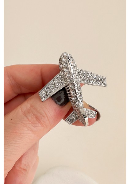 Gümüş Rengi Taş Detay Uçak Broş (4cm)