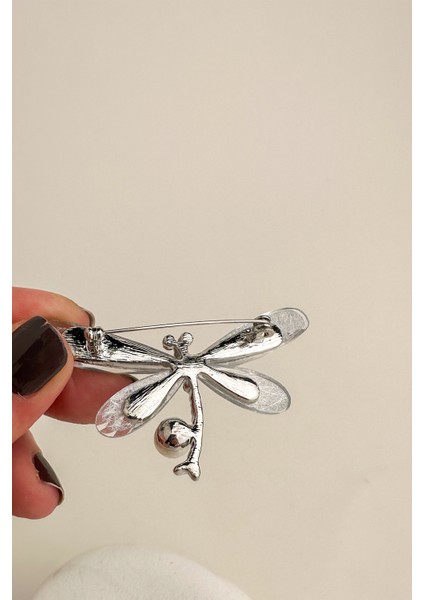 Gümüş Rengi Inci Taş Detay Yusufçuk Broş (7cm)