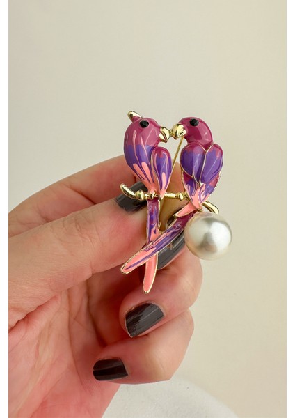 Altın Rengi Inci Detay Mor Kuş Broş (5cm)