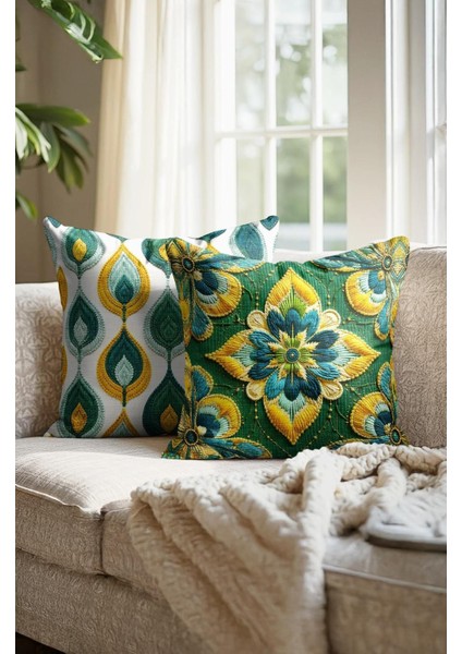 Punch Işlemeli 2’li Dekoratif Kırlent Seti – 40X40 cm | Polyester Kılıf & %100 Pamuk Dolgu