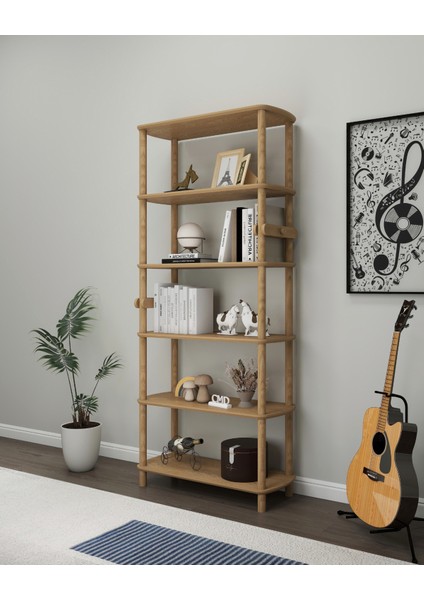 Rosa 6 Raflı Kitaplık – MDF Lam Gövde, Ahşap Ayaklı – 174x80x30 cm | Modern ve Minimalist Raflı Kitaplık