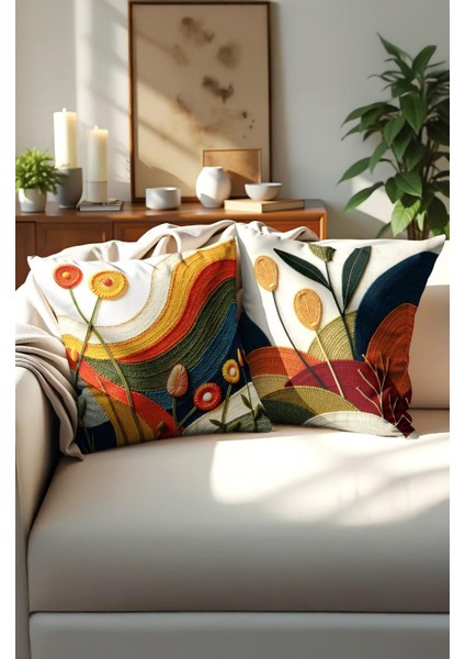 Punch Işlemeli 2’li Dekoratif Kırlent Seti – 40X40 cm | Polyester Kılıf & %100 Pamuk Dolgu