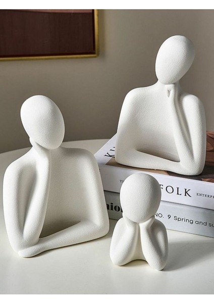 El Yapımı Aile Figürü Dekoratif Seti, 3lü Minimal Heykel, Beyaz ve Gri Renk Seçenekleri
