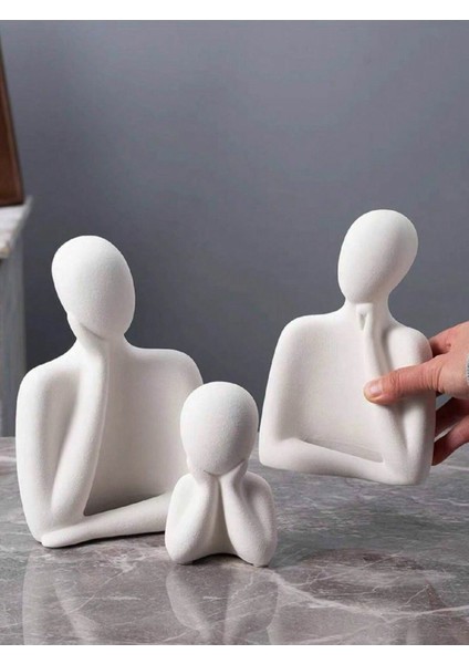 El Yapımı Aile Figürü Dekoratif Seti, 3lü Minimal Heykel, Beyaz ve Gri Renk Seçenekleri modelleri