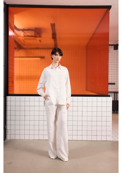 Beli Lastikli Istanbul Cepli Geniş Paça Çizgili Kadın Pantolon