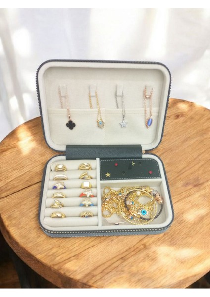 Haki Büyük Boy Takı Saklama Kutusu ve Seyahat Çantası, Ahşap Kasa, 14×21