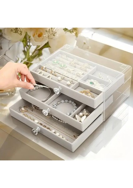 Gri Renkli Modern 3 Çekmeceli Büyük Takı ve Aksesuar Düzenleyici Kutu