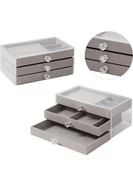 Gri Renkli Modern 3 Çekmeceli Büyük Takı ve Aksesuar Düzenleyici Kutu modelleri