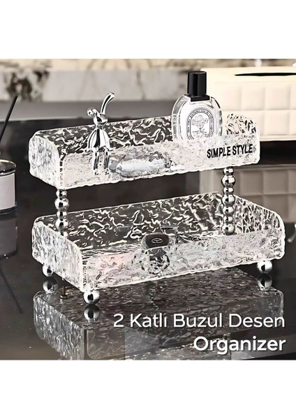 Şeffaf Kırık Cam Desenli 2 Katlı Organizer, Dekoratif ve Şık 25X13CM ve 25X8CM
