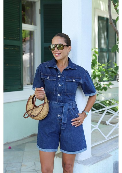 Lacivert Şortlu Jean Tulum