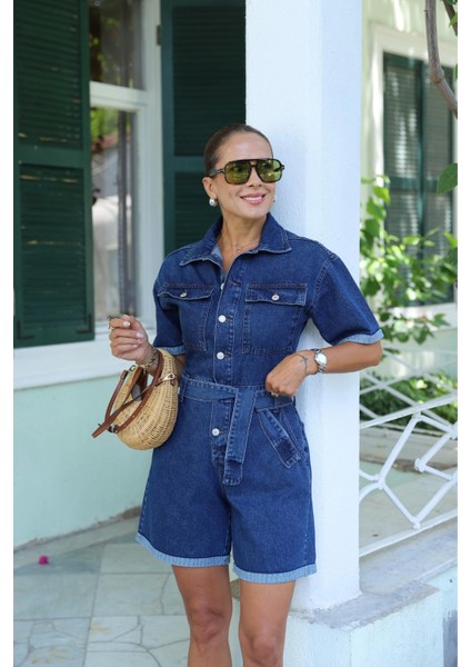 Lacivert Şortlu Jean Tulum