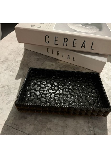 Şık Elmas Deri Desenli Takı ve Anahtar Sunum Tabağı, Siyah Renkli