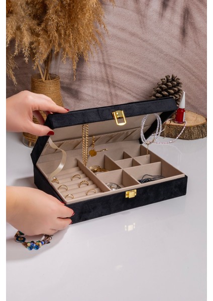 Şık Çok Bölmeli Siyah Kadife Takı Kutusu, Düzen ve Zarafet Sağlar. indirimleri