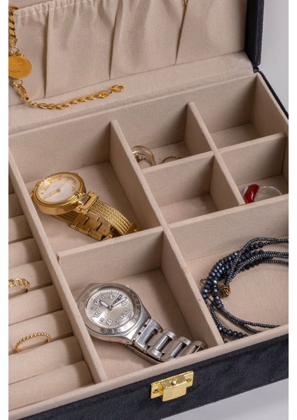 Şık Çok Bölmeli Siyah Kadife Takı Kutusu, Düzen ve Zarafet Sağlar.