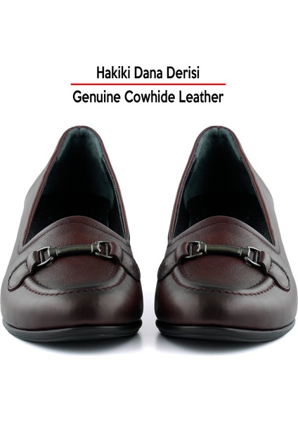 Elize Bordo Hakiki Dana Derisi Kalın Topuklu Loafer Ayakkabı