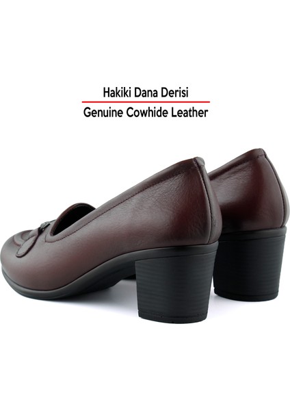 Elize Bordo Hakiki Dana Derisi Kalın Topuklu Loafer Ayakkabı