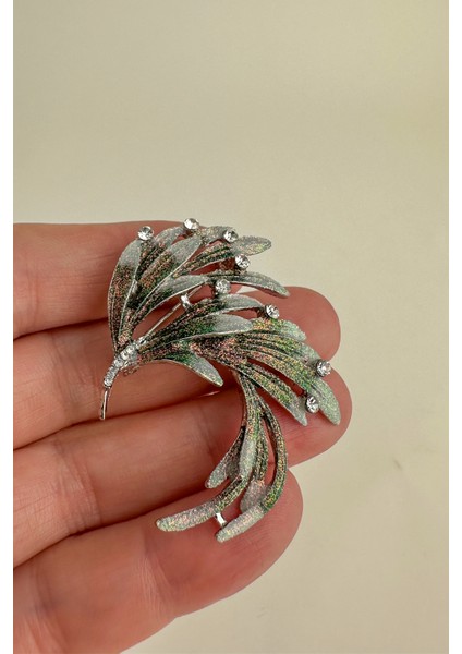 Taş Detaylı Renkli Tüy Broş (4cm)