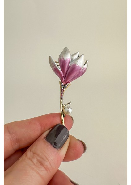 Altın Rengi Inci Taş Detay Mor Çiçek Broş (6cm)