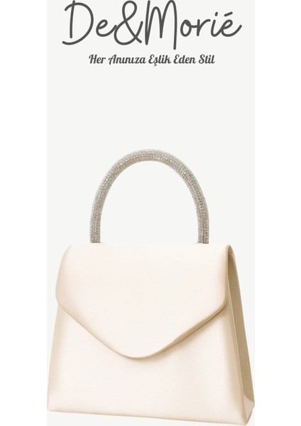 🤍 De&morié DM-2583 Kristal Saplı Saten Gece Çantası - Ekru