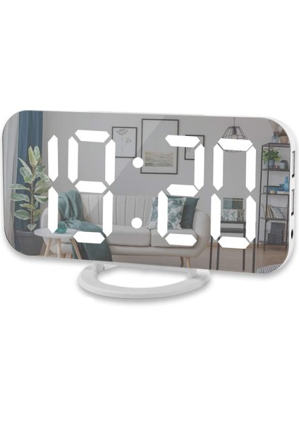Aynalı LED Dijital Saat, 2 Usb, Hızlı Şarj, Alarmlı, Masa Saati, Beyaz