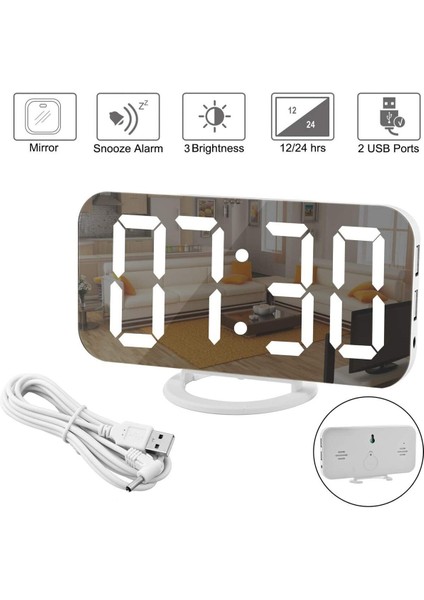 Aynalı LED Dijital Saat, 2 Usb, Hızlı Şarj, Alarmlı, Masa Saati, Beyaz modelleri