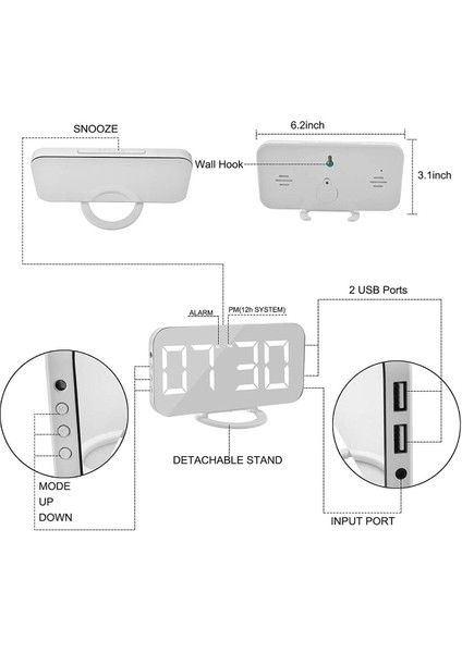 Aynalı LED Dijital Saat, 2 Usb, Hızlı Şarj, Alarmlı, Masa Saati, Beyaz fırsatları