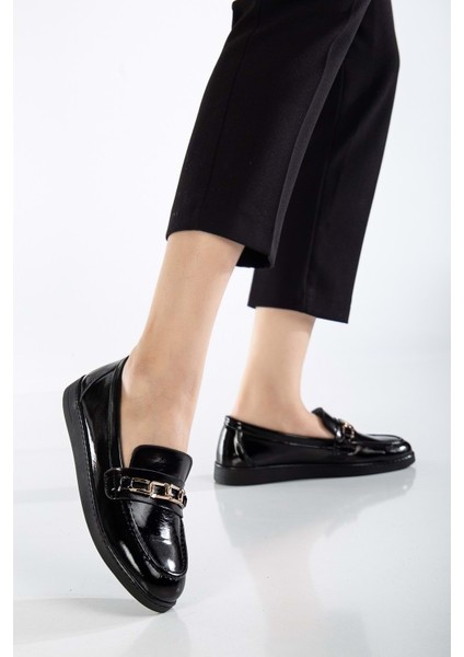Kadın Hakiki Deri Tokalı Günlük Ayakkabı - Siyah Rugan fiyatları