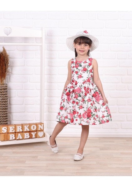 Kız Çocuk Hasır Şapkalı Güllü Elbise SER-0235