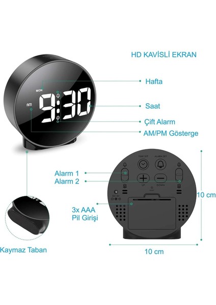 Modern Yuvarlak Dijital LED Masa Saati, USB Güç, Erteleme Fonksiyonlu Şık Tasarım