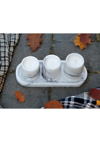 Luminia Çok Yüksek Kaliteli 30CM Tepsili ve Özel Tasarım Gövdeli 4'lü Set Traverten Veya Mermer Soya Mum - Yüksek Kalite Doğal Soya Mum ve Koku Esansı - Damarlı Mermer, Kahve Gümüş Veya Bej Traverten