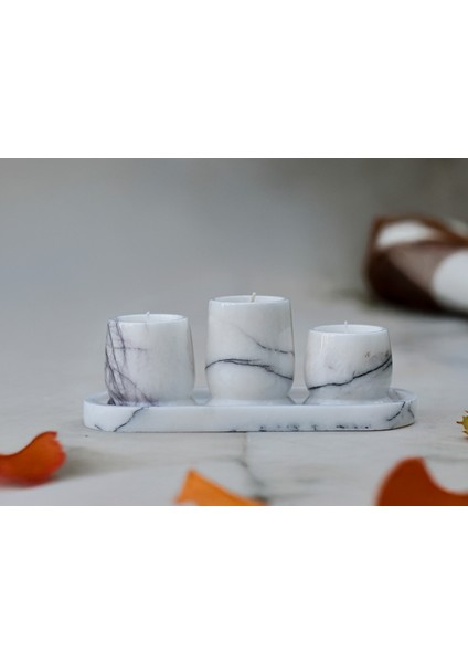 Luminia Çok Yüksek Kaliteli 30CM Tepsili ve Özel Tasarım Gövdeli 4'lü Set Traverten Veya Mermer Soya Mum - Yüksek Kalite Doğal Soya Mum ve Koku Esansı - Damarlı Mermer, Kahve Gümüş Veya Bej Traverten fırsatları