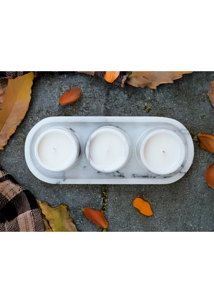 Luminia Çok Yüksek Kaliteli 30CM Tepsili ve Özel Tasarım Gövdeli 4'lü Set Traverten Veya Mermer Soya Mum - Yüksek Kalite Doğal Soya Mum ve Koku Esansı - Damarlı Mermer, Kahve Gümüş Veya Bej Traverten