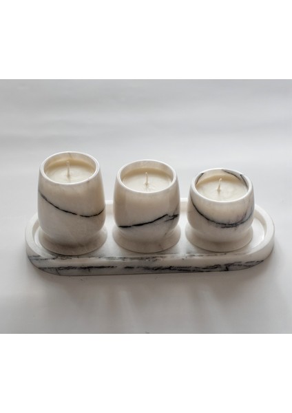 Luminia Çok Yüksek Kaliteli 30CM Tepsili ve Özel Tasarım Gövdeli 4'lü Set Traverten Veya Mermer Soya Mum - Yüksek Kalite Doğal Soya Mum ve Koku Esansı - Damarlı Mermer, Kahve Gümüş Veya Bej Traverten