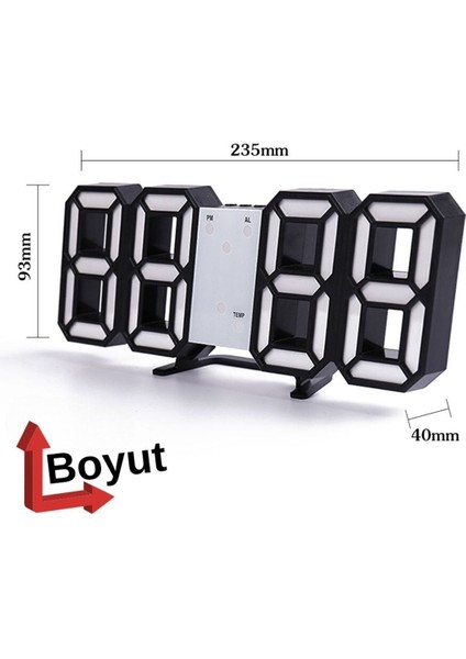 Şık Dijital 3D LED Saat Takvim Termometre Masa ve Duvar Dekorasyonu Siyah