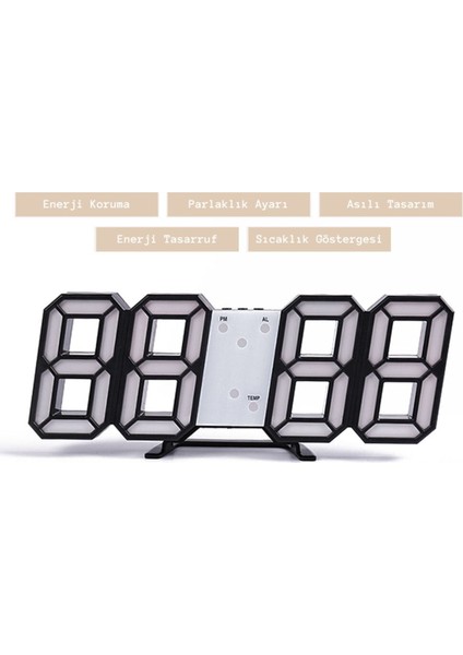 Şık Dijital 3D LED Saat Takvim Termometre Masa ve Duvar Dekorasyonu Siyah