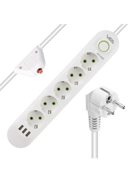 5'li 1.5 Metre Kablolu 3 Usb'li Akım Korumalı Priz Bakır Kablo Harici Güç Anahtarı fırsatları