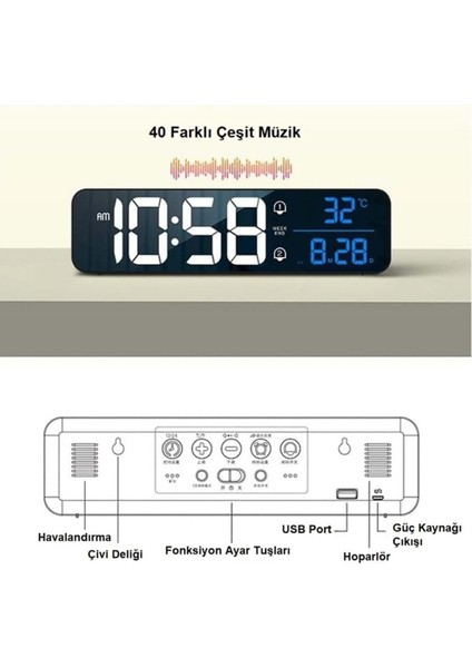 Hd LED Ekranlı Şık Aynalı Dijital Masa Saati, Sıcaklık ve Tarih Göstergeli modelleri