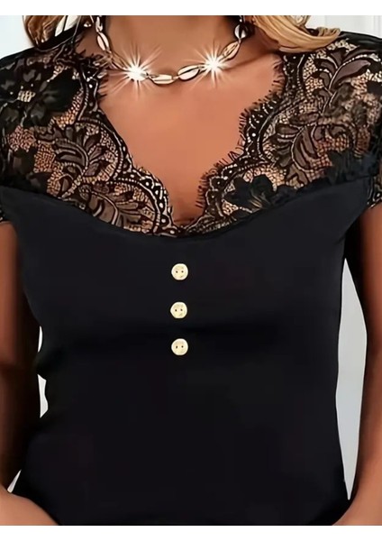 AYDOGANTICARET44 Kadın Kısa Kollu V Yaka Önü Düğmeli Dantel Detay Viskon Bluz modelleri