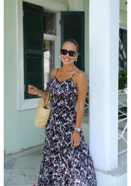 Lacivert Askılı Çiçek Desen Şifon Elbise fiyatları