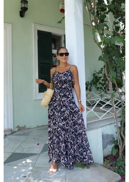 Lacivert Askılı Çiçek Desen Şifon Elbise modelleri