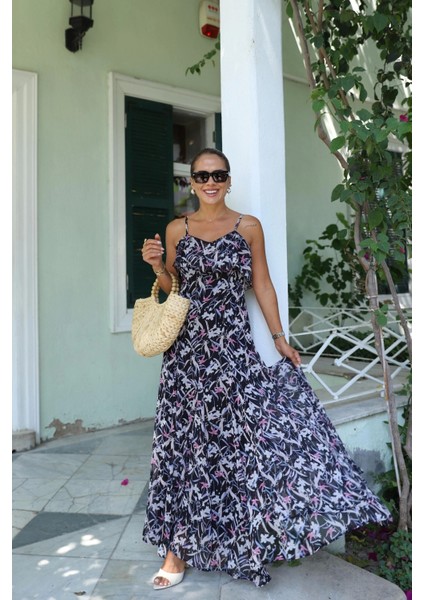 Lacivert Askılı Çiçek Desen Şifon Elbise fırsatları