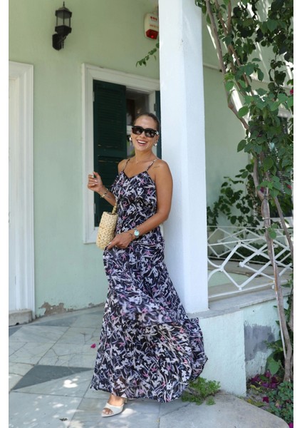 Lacivert Askılı Çiçek Desen Şifon Elbise indirimleri